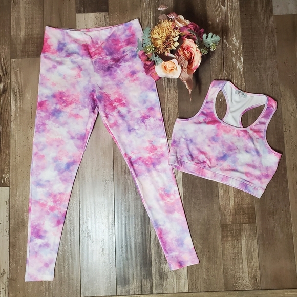CM Fashion Pink & Purple Tie Dye Crop Top and Leggings Matching Set Size Large - Picture 16 of 16